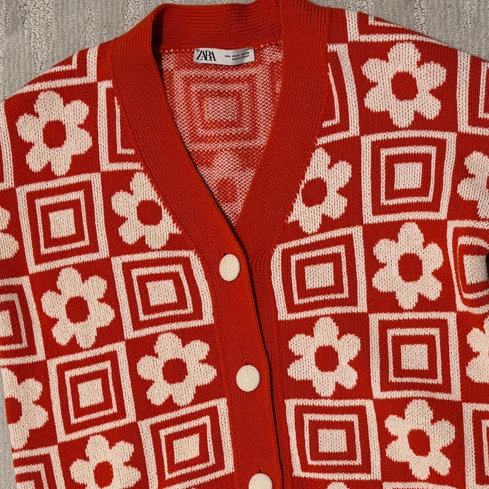Zara Cardigan Sweater Retro Pattern, Orange Medium